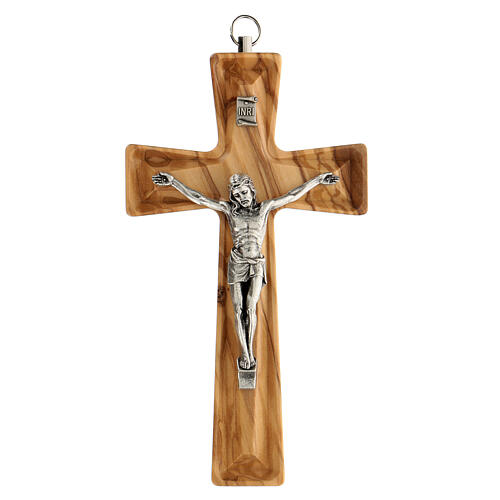 Crucifixo madeira oliveira superfície entalhada Cristo metal 15 cm 1