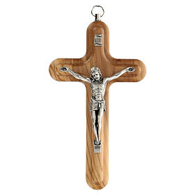 Kruzifix aus Olivenbaumholz mit abgerundeten Rändern und Christuskőrper aus Metall, 15 cm