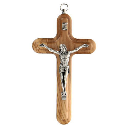 Kruzifix aus Olivenbaumholz mit abgerundeten Rändern und Christuskőrper aus Metall, 15 cm 1