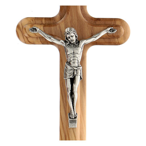 Kruzifix aus Olivenbaumholz mit abgerundeten Rändern und Christuskőrper aus Metall, 15 cm 2