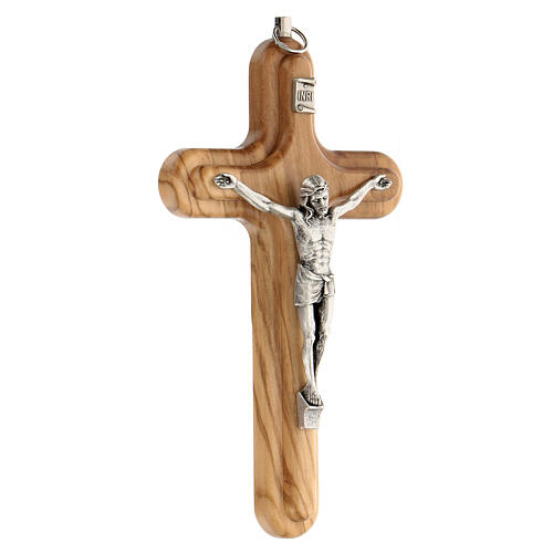 Kruzifix aus Olivenbaumholz mit abgerundeten Rändern und Christuskőrper aus Metall, 15 cm 3