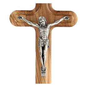 Olivewood crucifix with rounded edges, metal Christ, 15 cm