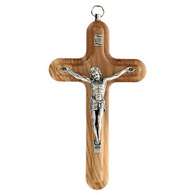 Crucifixo madeira oliveira bordos arredondados Cristo metal 15 cm