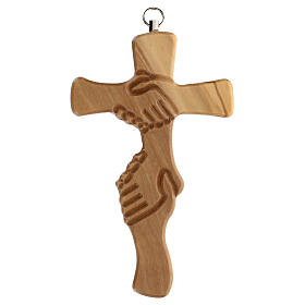 Kruzifix aus Olivenbaumholz mit Freundschaftszeichen, 14 cm