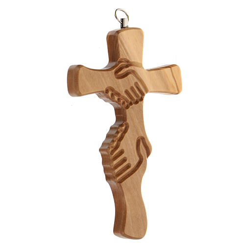 Kruzifix aus Olivenbaumholz mit Freundschaftszeichen, 14 cm 3