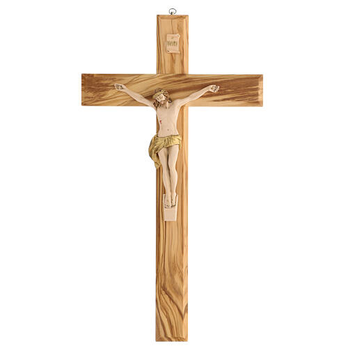 Crucifix 50 cm bois olivier Christ résine peinte main 1