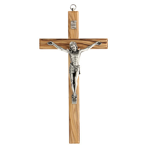 Crucifix Christ métal bois olivier 25 cm INRI 1