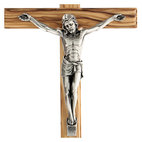 Crucifix Christ métal bois olivier 25 cm INRI 2