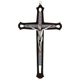 Kruzifix aus dunklem Holz mit bunten Einsätzen und Christuskőrper aus Metall, 30 cm