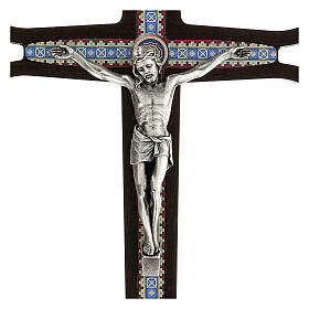Kruzifix aus dunklem Holz mit bunten Einsätzen und Christuskőrper aus Metall, 30 cm