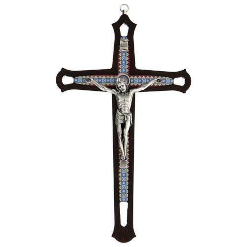 Kruzifix aus dunklem Holz mit bunten Einsätzen und Christuskőrper aus Metall, 30 cm 1