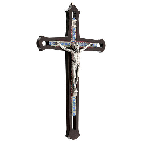 Kruzifix aus dunklem Holz mit bunten Einsätzen und Christuskőrper aus Metall, 30 cm 3