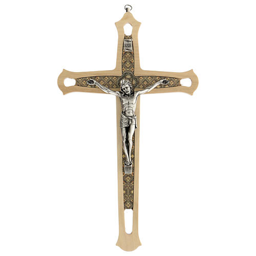 Kruzifix aus hellem Holz mit bunten Einsätzen und Christuskőrper aus Metall, 30 cm 1