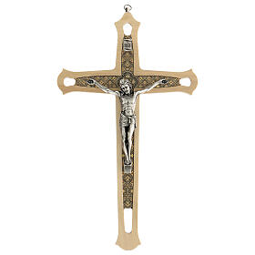 Crocifisso legno chiaro inserti colorati Cristo metallo 30 cm