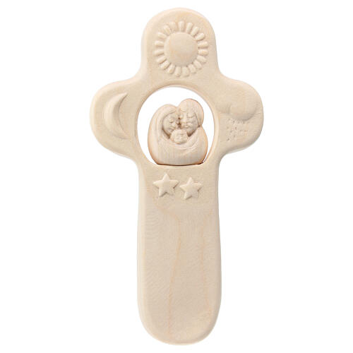 Croce con sacra famiglia bimbo acero naturale Val Gardena 1