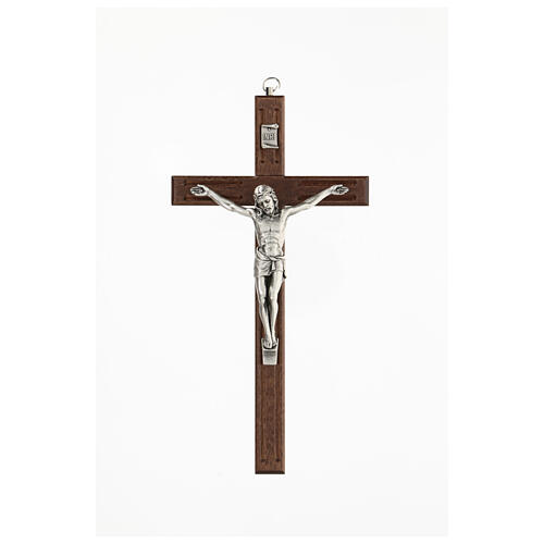 Krucyfiks z dekoracyjnymi wycięciami, drewno, Chrystus metal srebrny kolor, 25 cm 1
