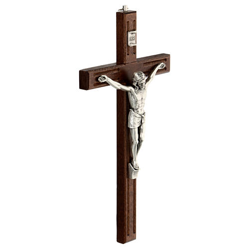 Krucyfiks z dekoracyjnymi wycięciami, drewno, Chrystus metal srebrny kolor, 25 cm 3