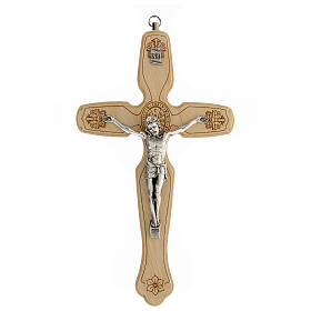 Sankt Benedikt Kruzifix aus Olivenbaumholz mit Christuskőrper aus Metall, 21 cm