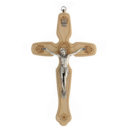 Sankt Benedikt Kruzifix aus Olivenbaumholz mit Christuskőrper aus Metall, 21 cm 1
