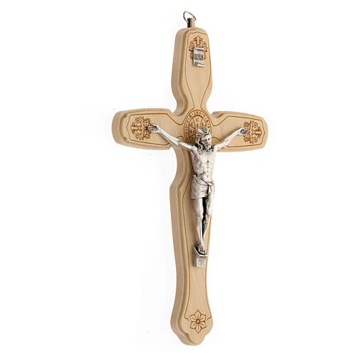 Sankt Benedikt Kruzifix aus Olivenbaumholz mit Christuskőrper aus Metall, 21 cm 3