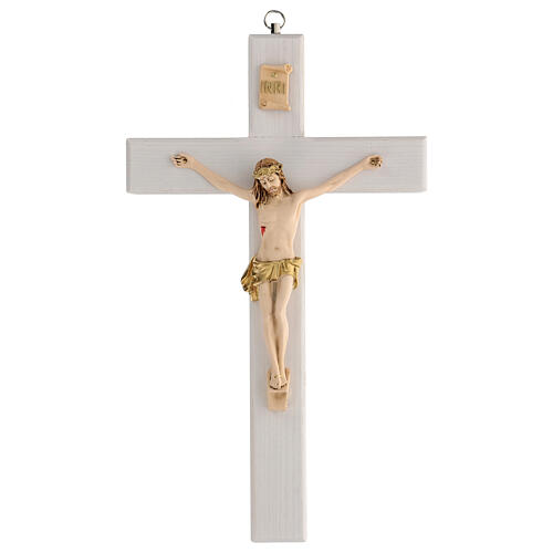 Crucifix blanc verni bois frêne pagne doré 27 cm 1