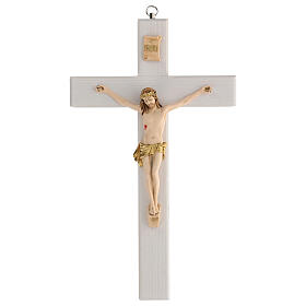 Crucifixo branco envernizado madeira freixo pano dourado 27 cm