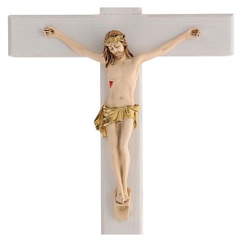 Crucifixo branco envernizado madeira freixo pano dourado 27 cm 2