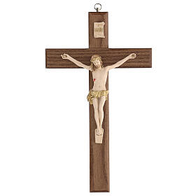 Lackiertes Kruzifix aus Eschenholz mit Christuskőrper und goldfarbiger Krone, 27 cm