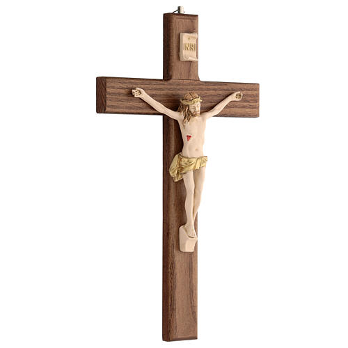 Crucifix verni frêne Christ couronne dorée 27 cm 3