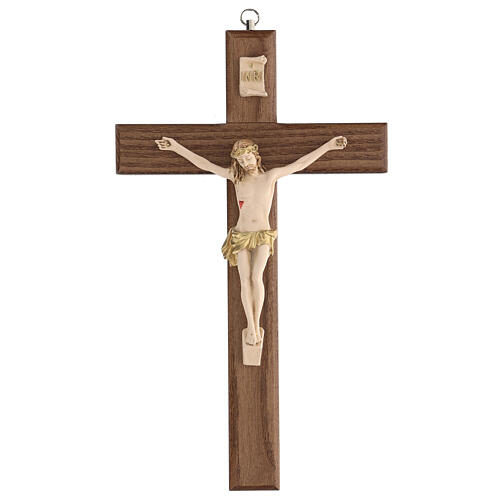 Crucifixo envernizado freixo Cristo coroa dourada 27 cm 1