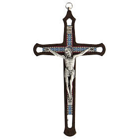 Kruzifix aus dunklem Holz mit farbigen Verzierungen und Christuskőrper aus Metall, 20 cm