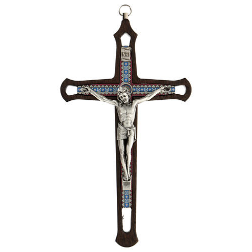 Kruzifix aus dunklem Holz mit farbigen Verzierungen und Christuskőrper aus Metall, 20 cm 1