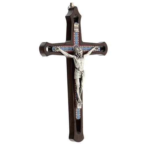 Kruzifix aus dunklem Holz mit farbigen Verzierungen und Christuskőrper aus Metall, 20 cm 3