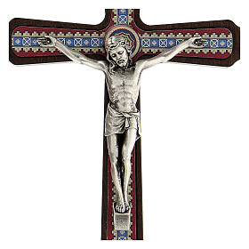 Wand-Kruzifix aus dunklem Holz mit Verzierungen und Christuskőrper aus Metall, 20 cm
