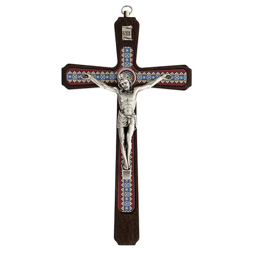 Wand-Kruzifix aus dunklem Holz mit Verzierungen und Christuskőrper aus Metall, 20 cm 1