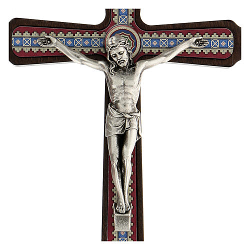 Wand-Kruzifix aus dunklem Holz mit Verzierungen und Christuskőrper aus Metall, 20 cm 2