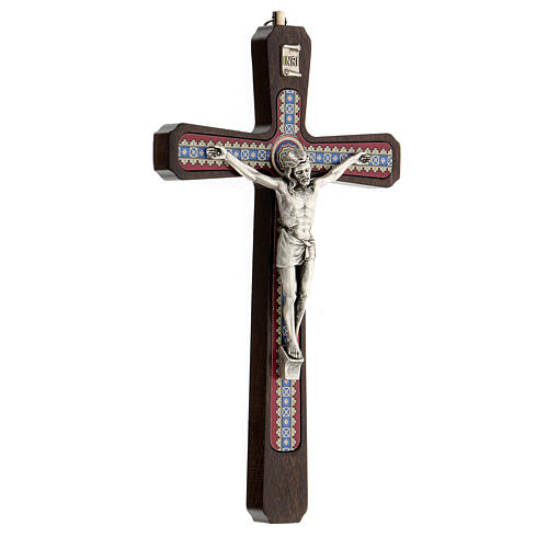 Wand-Kruzifix aus dunklem Holz mit Verzierungen und Christuskőrper aus Metall, 20 cm 3
