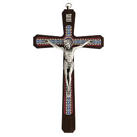 Krucyfiks z dekoracjami, ciemne drewno, Chrystus metalowy, 20 cm