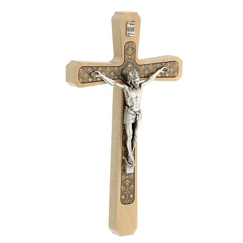 Light wood wall crucifix with floral decoration 20 cm 3