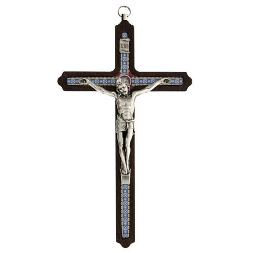 Crucifixo com anel madeira escura Corpo de Jesus INRI metal 20x11,7 cm 1