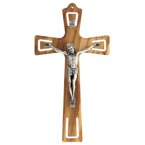 Krucyfiks drewniany, perforowany, Jezus metal srebrny kolor, 26 cm 1