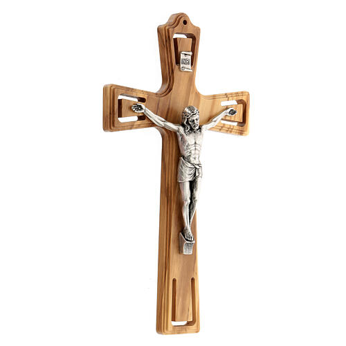 Krucyfiks drewniany, perforowany, Jezus metal srebrny kolor, 26 cm 3