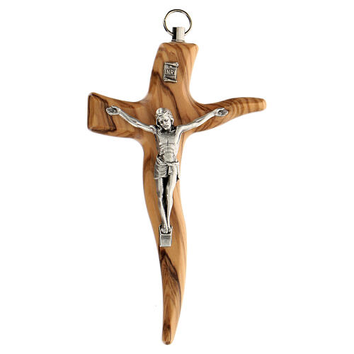 Geformtes Kruzifix aus Olivenbaumholz mit Christuskőrper aus Metall, 16 cm 1