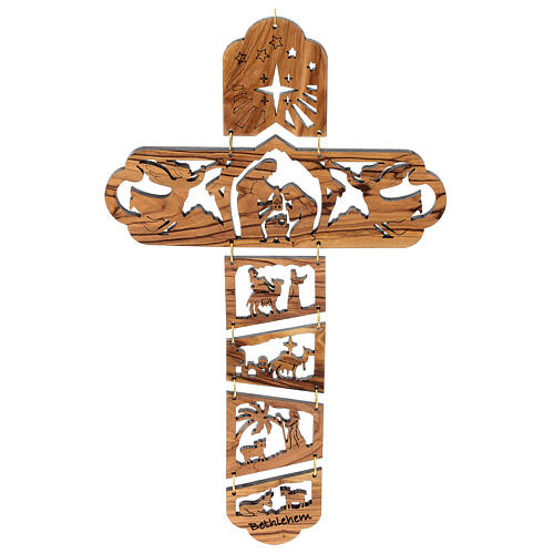 Olivewood crucifix with cut-out scene of the Nativity 30x20 cm 1