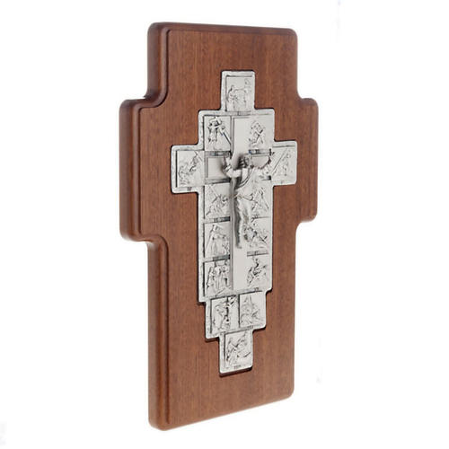 Crucifix argent chemin de croix 14 stations sur croix en bois 2