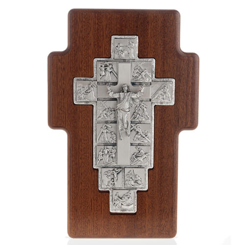 Crucifixo prata Via Sacra 14 estações na cruz madeira 1