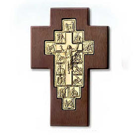 Crucifixo Via Sacra dourado 14 estações cruz madeira