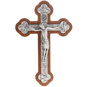 Crucifijo de metal plateado con los 4 evangelistas, con caoba