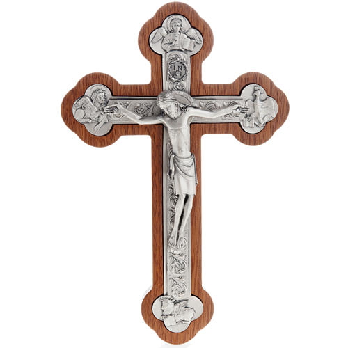 Crucifixo metal prateado 4 evangelistas cruz mogno 1