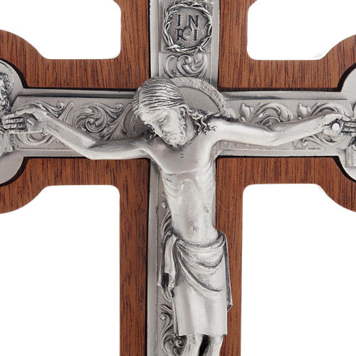 Crucifixo metal prateado 4 evangelistas cruz mogno 2